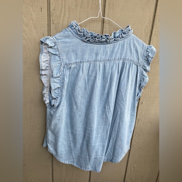 Dip Denim Button Down Top with Ruffle Details - Picture 2 of 8